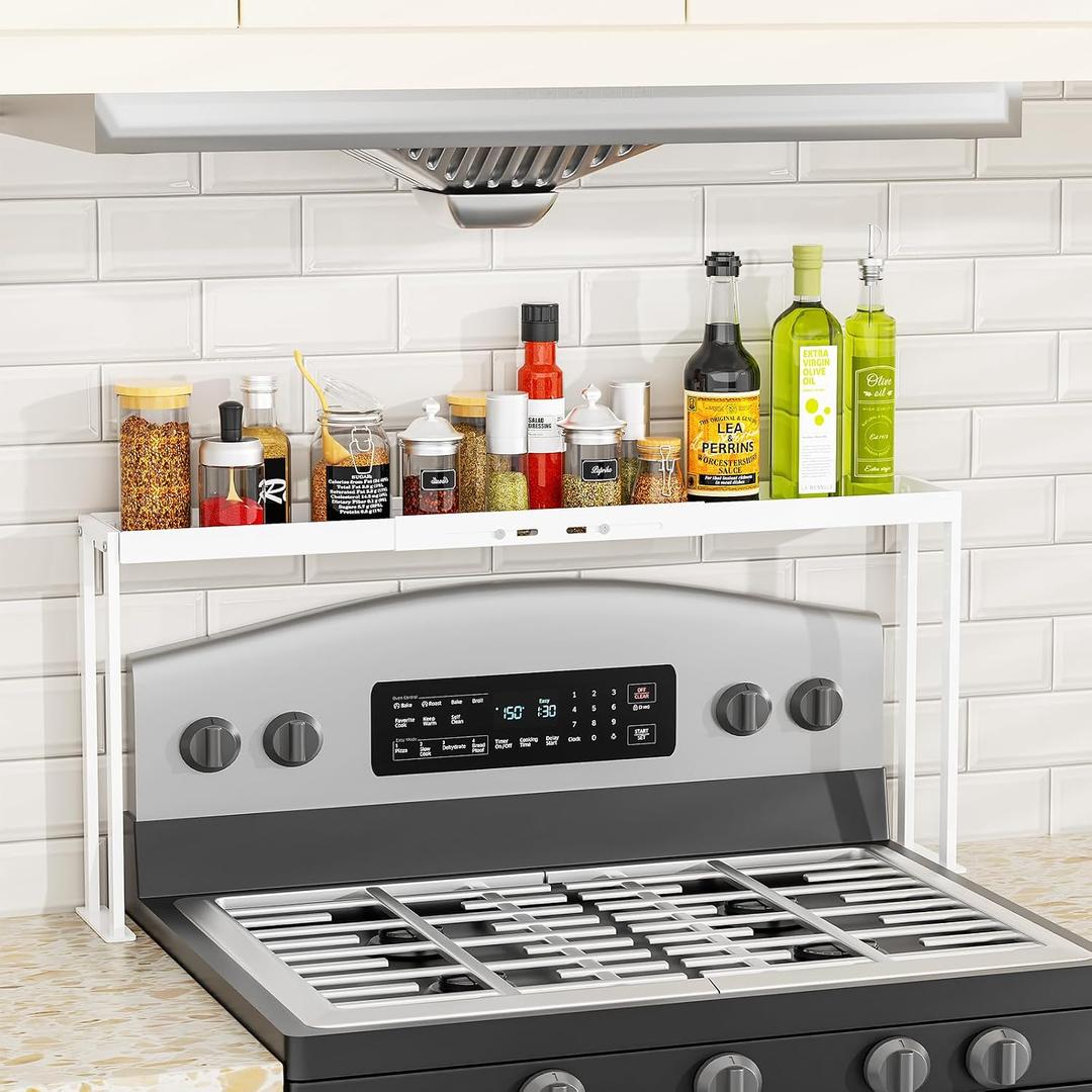 Stove Top Shelf for Curved Stove, Expand 27 to 33 Inch Spice Rack, 4 Level Adjustable Height Spice Shelf, Over the Stove Shelf for Back of Stove Spice Rack Organizer for Countertop, White