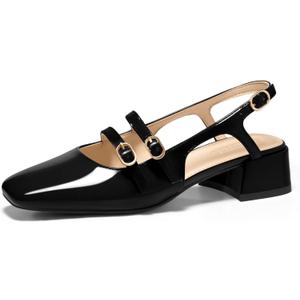 Coutgo Women's Mary Jane Chunky Low Heels Slingback Pumps Closed Square Toe Wedding Dress Shoes (8.5, Black)