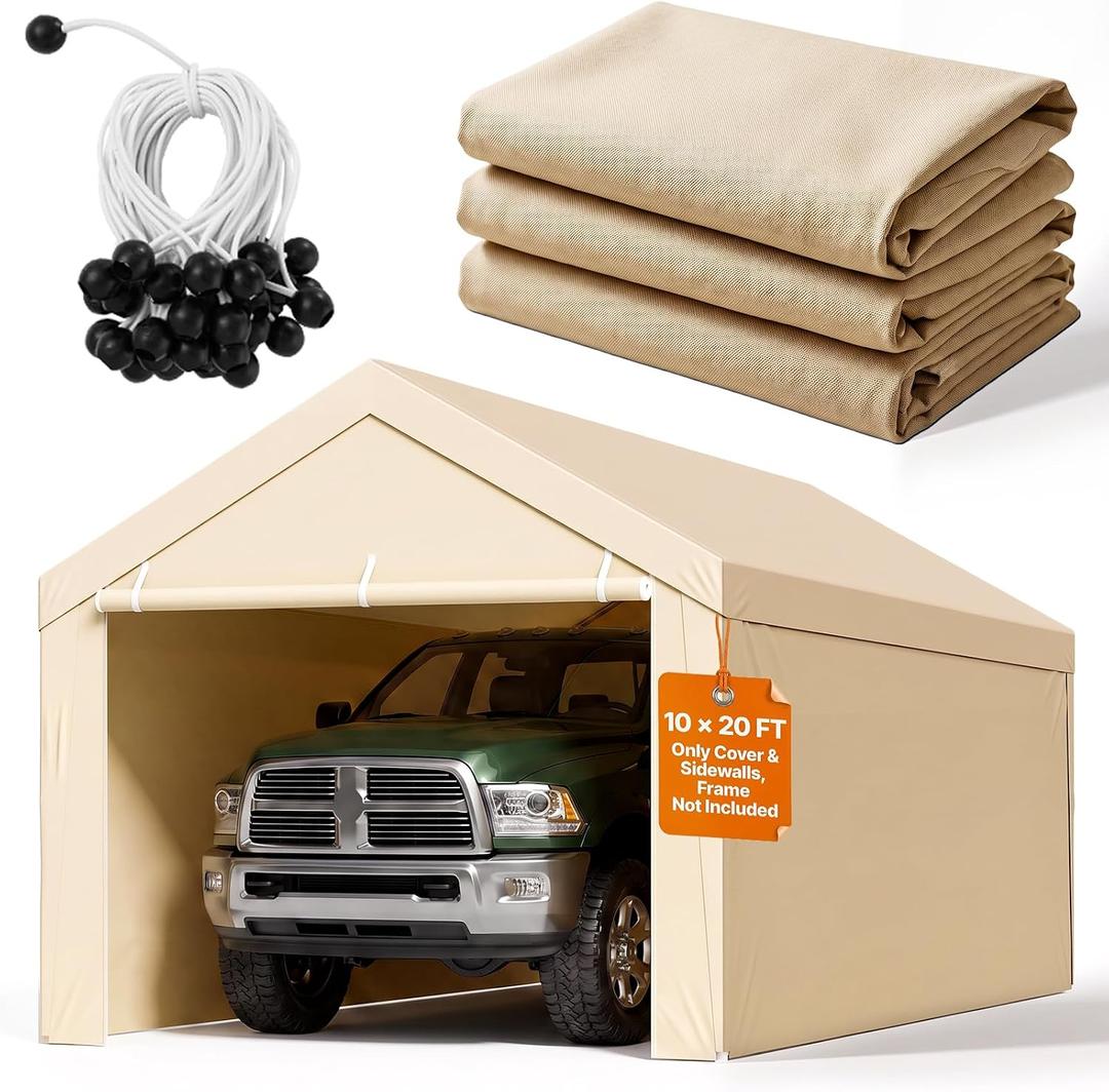 VEVOR Carport Replacement Canopy Cover, 10 x 20 ft Potable Garage Tent Top Tarp with Sidewalls, UV-Resistant & Waterproof, Heavy Duty Car Shelter Tarp with Ball Buggees, Beige, Frame Not Included