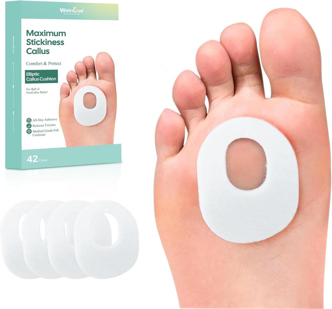 Welnove 42pcs Callus Pad with Water-Resistant Self-Stick Adhesive, Protects Foot, Heel and Toes from Rubbing and Friction,Oval Shape Design,Reduce Pressure and Friction from Shoes Rubbing-White