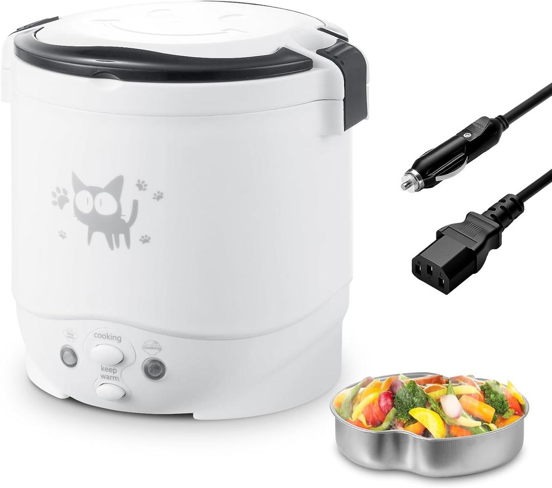 OSBA Mini Rice Cooker, 1L Small Rice Cooker 2 Cup-uncooked Travel Rice Maker 12V for Car with Steamer, Auto Keep Warm Suitable For 1-2 People, White