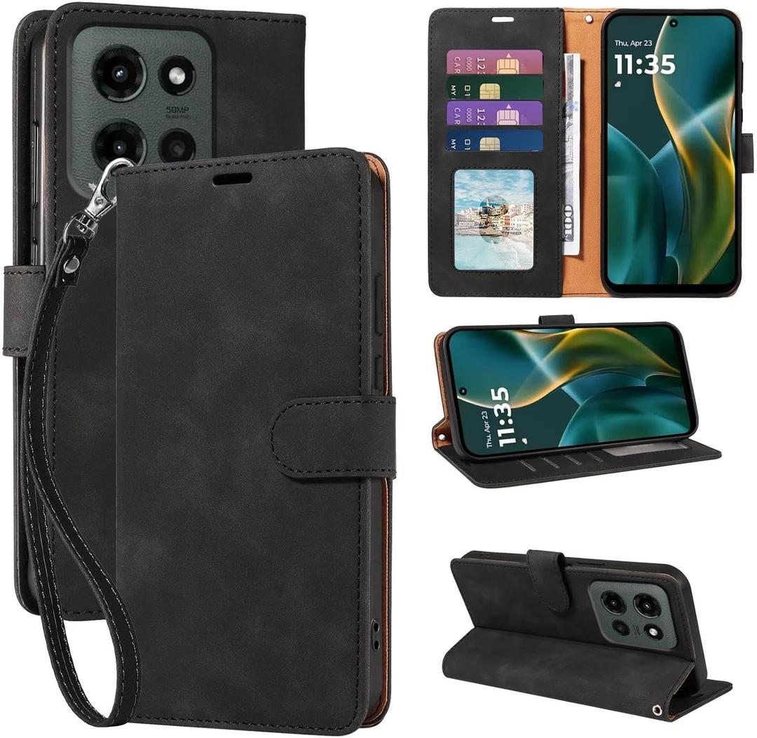 RFID Blocking Wallet for Moto G 2026/2025 Case, for Moto G Play 2026 Case, PU Leather Folio Flip Cover with 4 Card Slots, Wrist Strap, Kickstand, Shockproof Protective (Black)