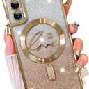 2 x Fiyart Designed for Samsung Galaxy S21 Case,Compatible with MagSafe Love Heart Plating Camera Protection Clear Glitter Magnetic for Women Girls Shockproof Phone Cover Bumper 6.1"-Gold