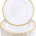 Hioasis 60pcs Gold Plastic Plates - White and Gold Disposable Dinnerware with Gold Rim, Heavy-duty, 7.5 inch, Dessert Plates for Party & Thanksgiving