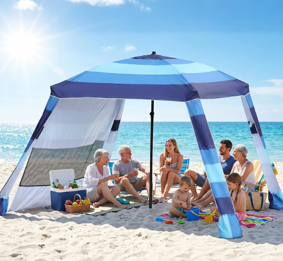 Beach Cabana,3 Side Curtains,7.2 * 7.2 FT for 5-6 People, Blue