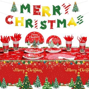 Christmas Party Supplies Tableware Set Xmas Party Decoration Christmas Tree Paper Plates Napkins Snowflakes Tablecloths Merry Christmas Banner Holiday Disposable Dinnerware Serves 24 Guests