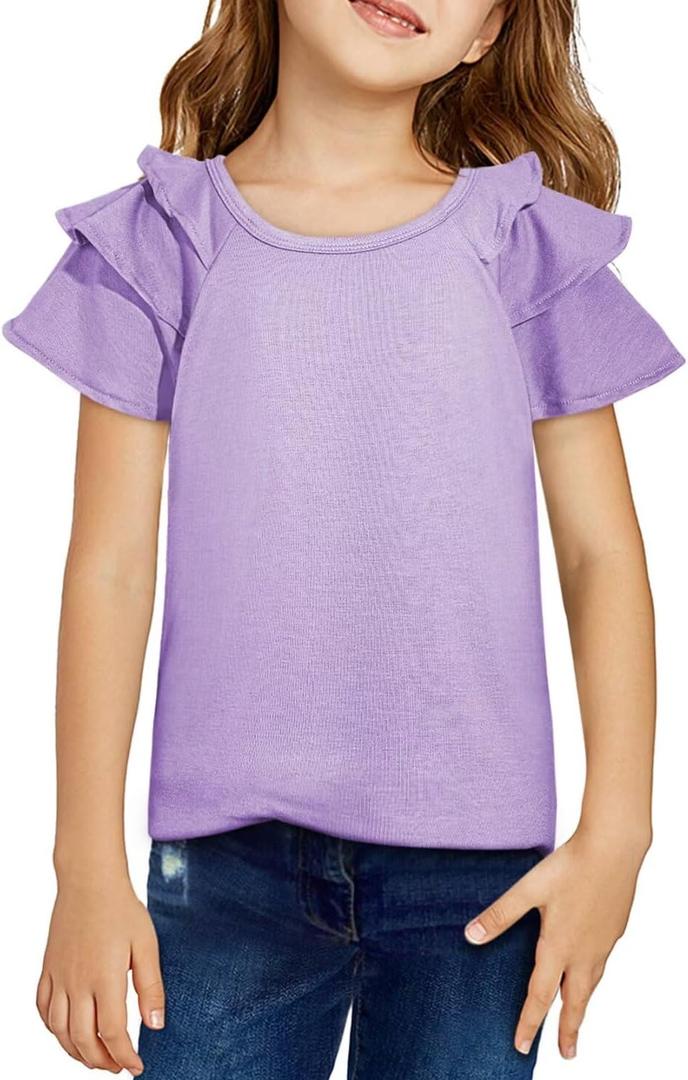 DOKOTOO KIDS Girls Ruffle Sleeve Shirts Summer Cute Crewneck Blouse Tops 6-15 Years