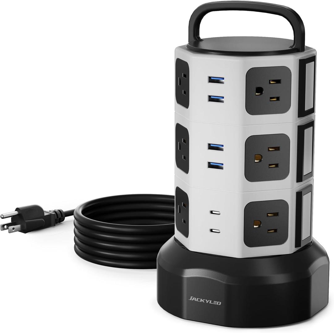 10ft Power Strip Tower JACKYLED Surge Protector Electric Charging Station with 13A 12 Outlets 6 USB Ports Heavy Duty Extension Cord for Home Office Computer Nightstand Laptop Phone White Black