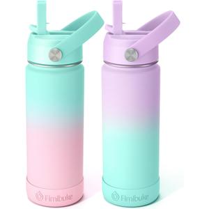 Fimibuke Kids Insulated Water Bottle - 18oz BPA-FREE 18/8 Stainless Steel Kid Cup with Straw Travel Tumbler Leak Proof Double Wall Vacuum Toddler Water Bottle for School Boy Girl（2 Pack, Candy/Bubble）