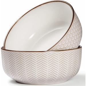 KooK Ceramic Salad Bowls, Embossed Large Kitchen Bowls, For Serving Pasta, Soup, Fruits, Microwave and Dishwasher Safe, Cream with Dark Copper Accents, Set of 2, 60 oz, Narbonne Collection