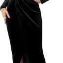 NASHALYLY Elegant Velvet Dress for Women Wrap V Neck Long Sleeve Split Bodycon Ruched Cocktail Party Maxi Dress(Black, Size XL)