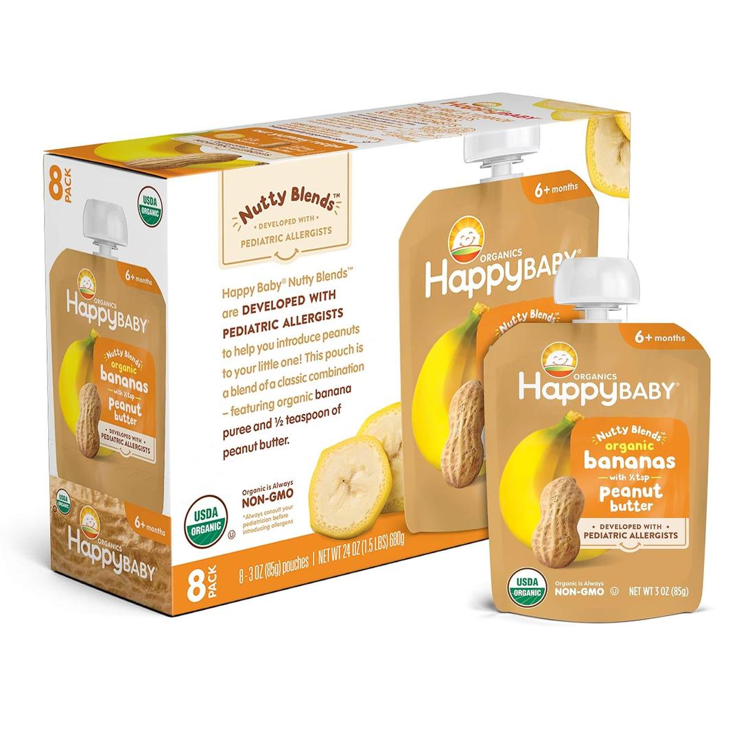 Happy Baby Organics Nutty Blends, Banana & Peanut Butter, 3 Ounce (Pack of 8) (EXP 05/10/26)