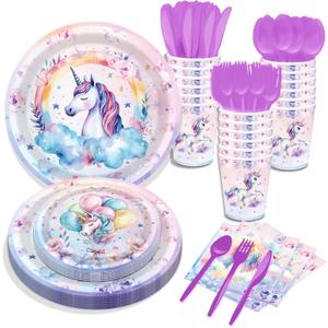 2 x 116Pcs Unicorn Birthday Party Supplies Tableware Kit Including Unicorn Balloons Party Plates and Napkins, Unicorn Paper Plates Cups Forks Kit for Unicorn Balloonss Theme Party, 16 Guests