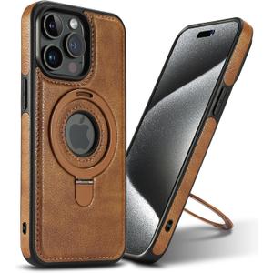 Magnetic for iPhone 15 Pro Max Leather Case,Invisible Stand [Compatible with Magsafe] Slim Kickstand Phone Cove (Brown, iPhone 15 Pro Max)