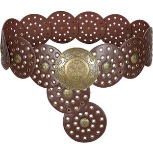 LEACOOLKEY Women's Boho Disc Belt Wide Western Leather Belt Vintage Concho Waist Belts for Dress Jeans