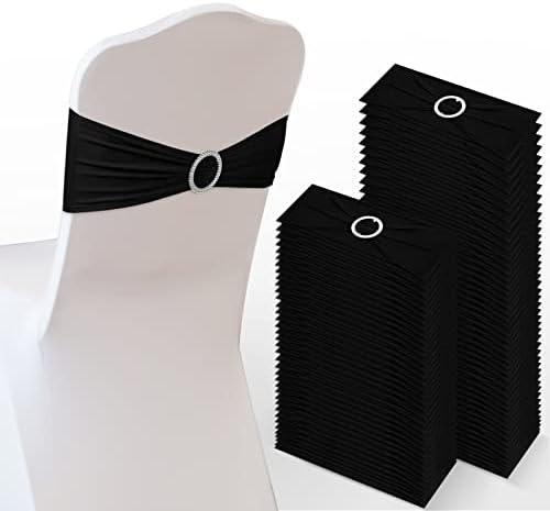 Tudomro 70 Pcs Spandex Chair Sashes, Stretch Ties Bows with Buckle Slider Elastic Bows Chair Cover Bands for Wedding Party Universal Reception Ceremony Banquet Decoration(Black)