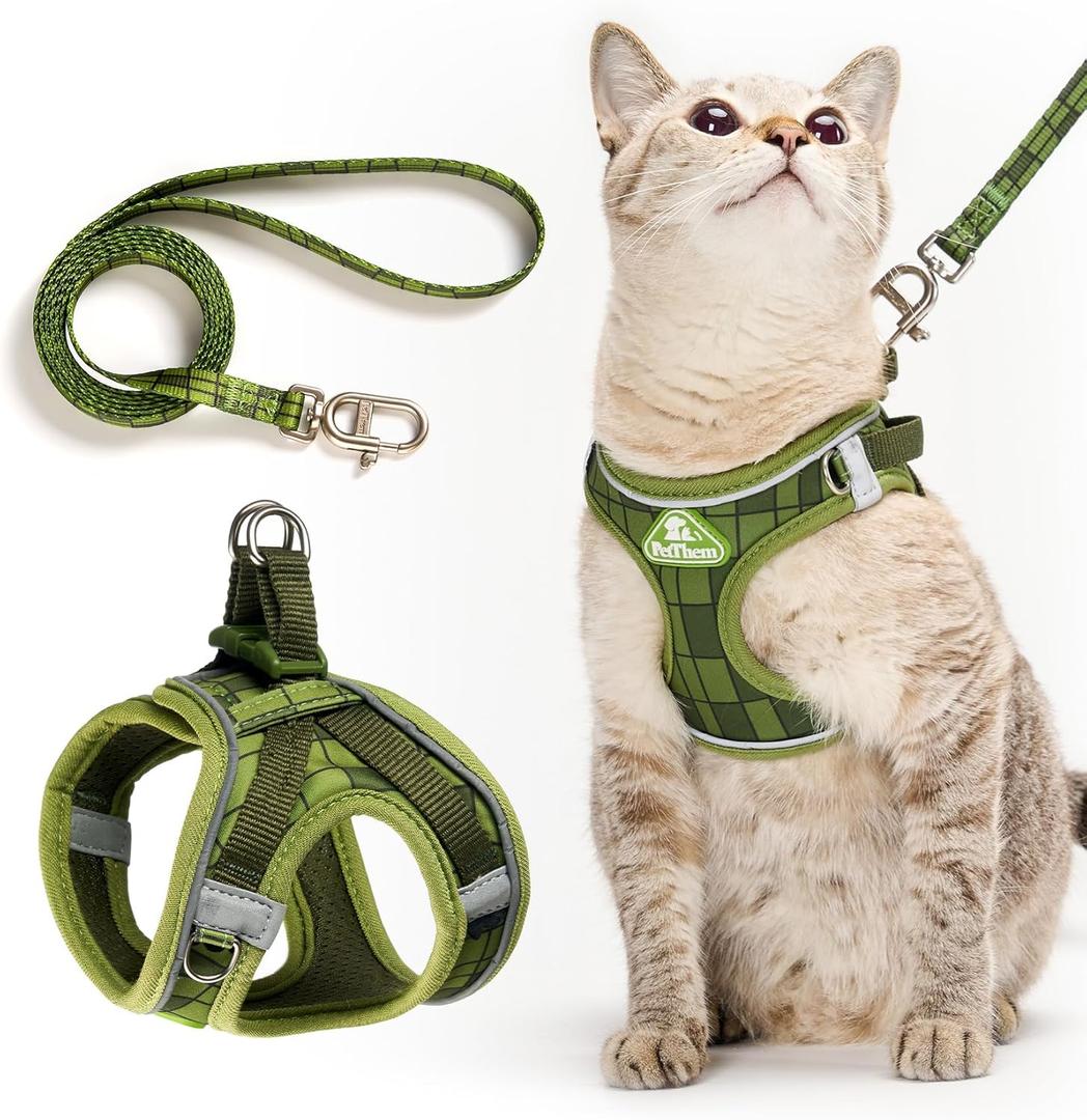 PetThem Upgraded Cat Harness and Leash Set - Step-in Escape Proof Adjustable Cat Harness, Comfortable Soft Lightweight, Reflective Harness for Walking, Travel, Camping (Growling Crocodile, L)