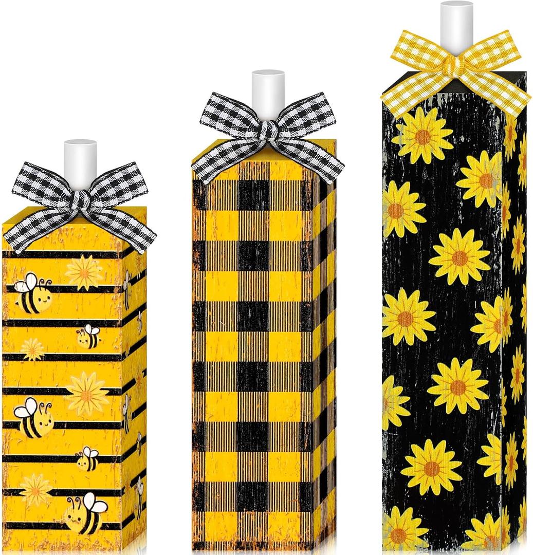 Redbaker 3 Pcs Sunflower Bee Table Decorations Summer Wooden Block Sign Black Yellow Buffalo Plaid Tabletop Centerpieces Farmhouse Rustic Tiered Tray Decor for Bee Festival Summer Home Kitchen Office