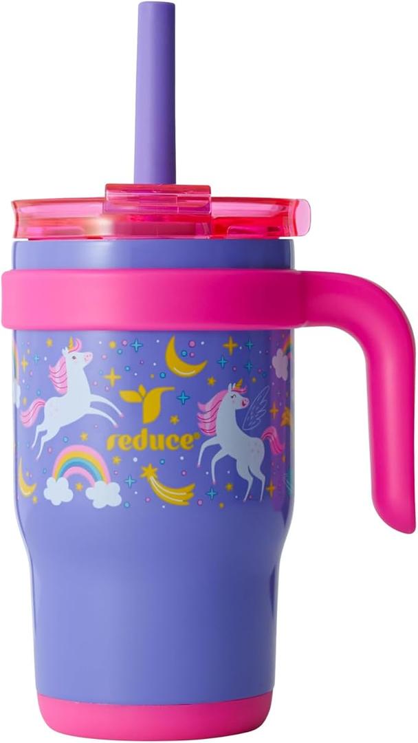 REDUCE 14 Oz Coldee Kids Tumbler with Lid and Straw - Coldee Insulated Travel Mug - Spill-Proof, Sweatproof Stainless Steel, BPA-Free - Includes Handle, Reusable Silicone Straw - Taffy Pink