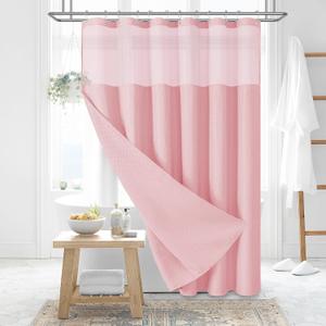 Dynamene Fabric Shower Curtain with Snap in Liner, Pink Waffle Hotel Shower Curtains for Bathroom, Washable Waterproof Cloth Shower Curtain Liner Set with Plastic Hook, Mesh Top Window, 72x72, Pink