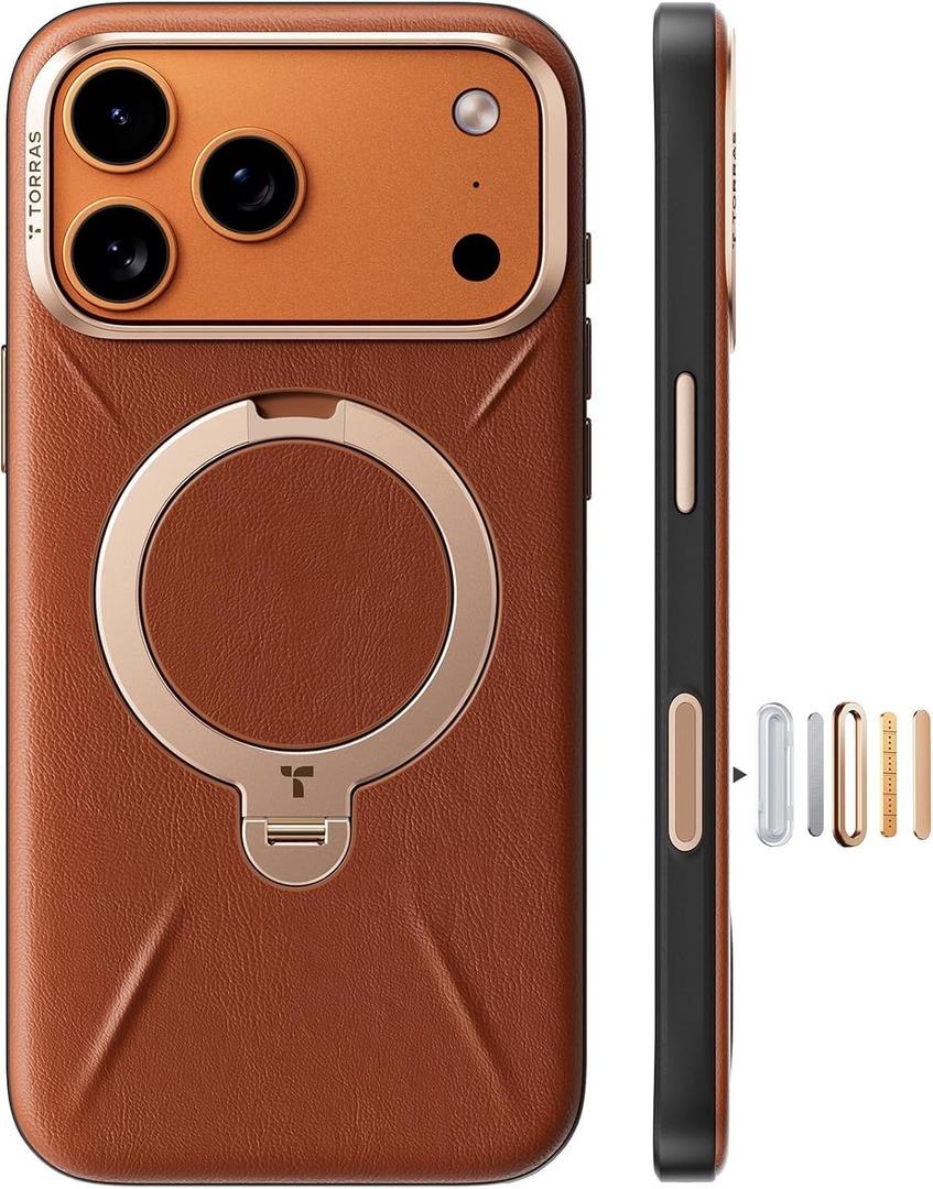 TORRAS Q3 VegSkin for iPhone 17 Pro Max Case Leather, 360 Spin Magnetic Stand, Fit for MagSafe, Camera Control, Shockproof Premium Organic Silicone Leather Case for iPhone 17 Pro Max, Saddle Brown