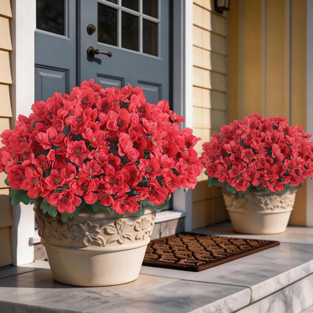 YXZZWL 16 Bundles Artificial Flowers for Front Door, Fake Silk Azalea Bouquet Silk Flowers for Outside UV Resistant Realistic Faux Plants for Planter Farmhouse Patio Garden Walkways Home Decor (Red)