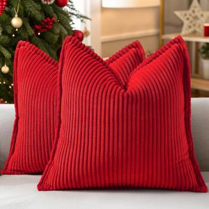 decorUhome Spring Corduroy Red Throw Pillow Covers 16x16 Set of 2 Decorative Soft Boho Farmhouse Couch Pillow Covers for Living Room Bed Sofa Broadside Striped Pillow Cases