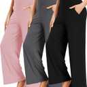 FULLSOFT 3 Pack Women's Wide Leg Yoga Pants Comfy Loose Sweatpants High Waisted Lounge Casual Pants with Pockets, black, grey, pink (Capri), 2XL