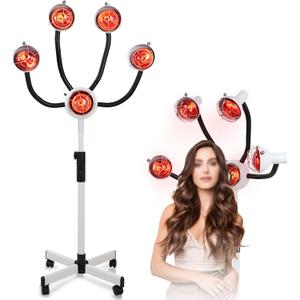 750W 5 Head Infrared Heat Lamp Red Light Portable Floor Hair Dryer Stand Up Color Processor Styling Perming Dryer Accelerator 110Vwith Metal Lampshade