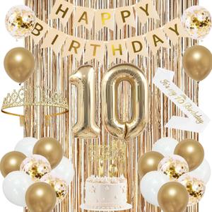 Trgowaul 10th Birthday Decorations for Girls, Banner, Sash and Crown, Cake Topper, 10 Number Balloon, Fringe Curtains, Champagne Gold 10th Birthday Party Supplies