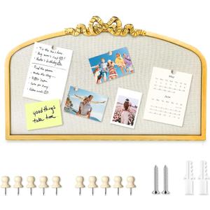 Vintage Arched Linen Cork Bulletin Board with Gold Bow 24"x 15" Elegant Decorative Pin Board for Walls, Metal Frame Vision Board for Notes, Photos, Inspiration, Chic Home Office Decor for Women