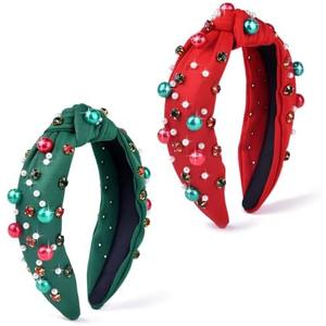 met-edianger 2Pcs Christmas Headband Red and Green Pearl Rhinestone Beaded Hairband Xmas Wide Knot Hair Hoop Holiday Festival Gift for Women