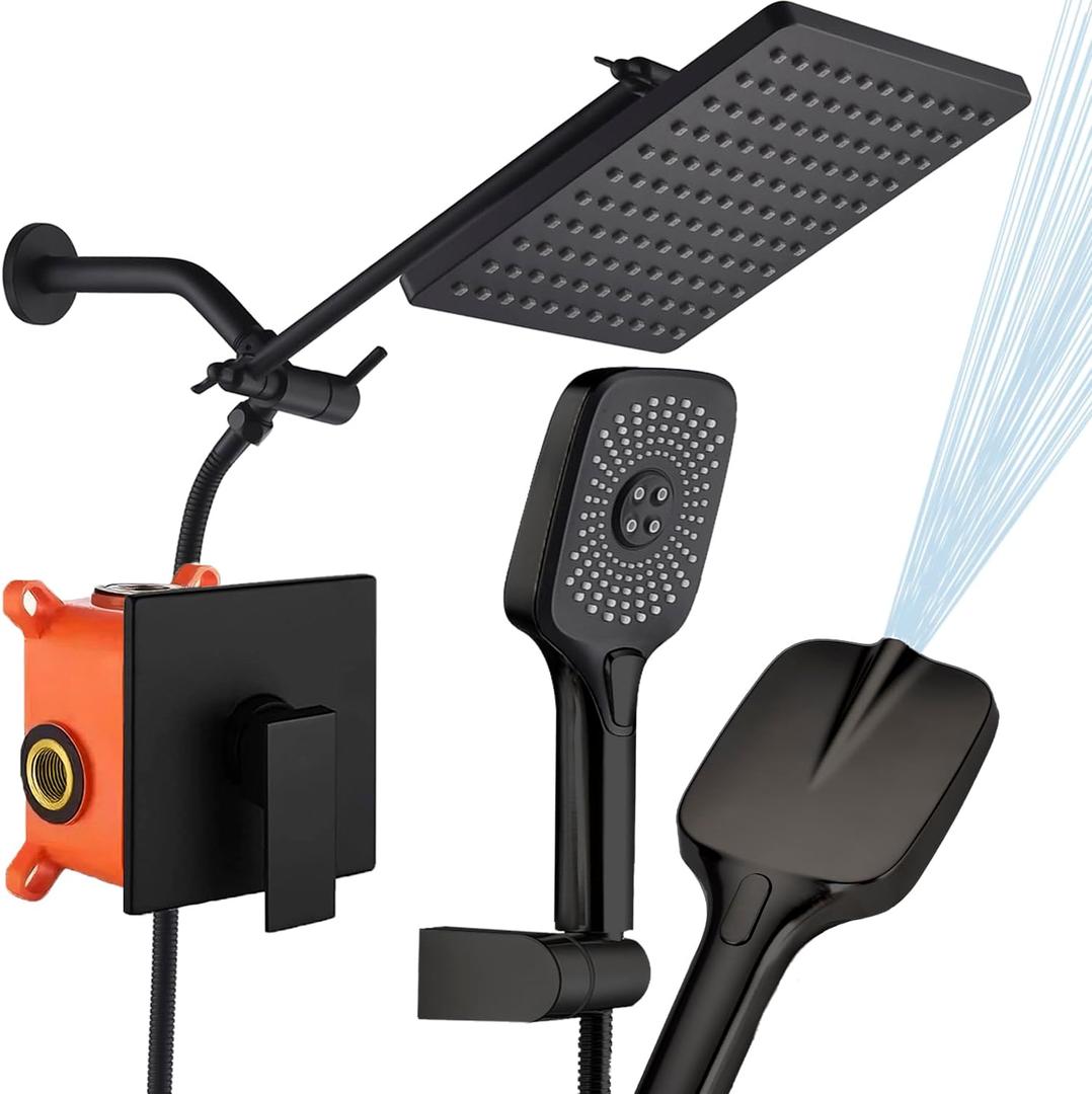 Shower Faucet Set Matte Black Rough-in Anti-Scald Pressure Balanced Valve Body Modern Luxury Wall Mounted 10 Inch Rain Mixer Shower System (Matte Black)