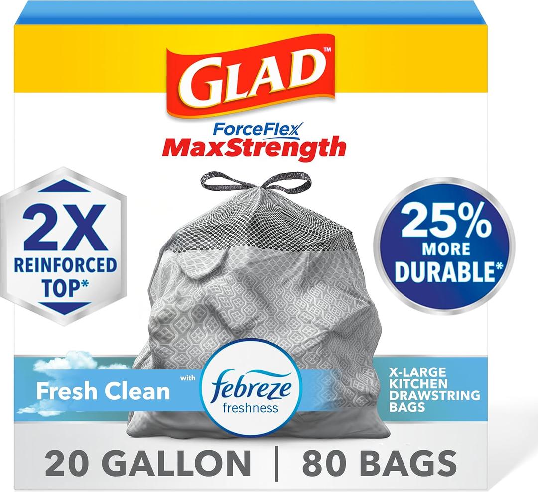 Glad ForceFlex MaxStrength XL Kitchen Trash Bags, 20 Gal, Fresh Clean, 80 Ct (Package May Vary)