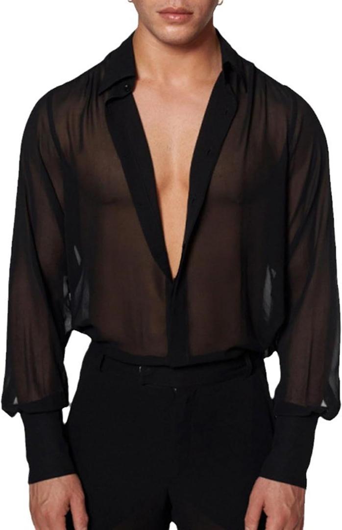 Men's Mesh Sheer See Through Long Sleeve Rave Disco Outfit Collar Button Front Party Shirt Tops (3X-Large, Black)
