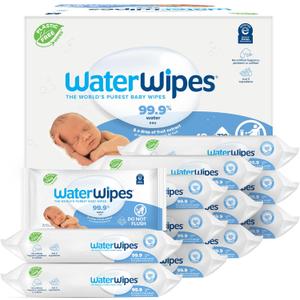 WaterWipes Plastic-Free Original Baby Wipes, 99.9% Water Based Wipes, Unscented & Hypoallergenic for Sensitive Skin, 60 Count (Pack of 12), Packaging May Vary