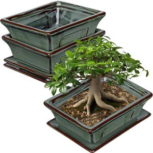 Ceramic Bonsai Pots with Drainage Tray Set of 2, 6 Inch Green Glazed Bonsai Planters for Indoor/Outdoor Use, Shallow Rectangular Bonzai Tree Pots for Succulent, Orchids, Cacti, Home, Patio, Garden (6.2"x4.5"x1.9")