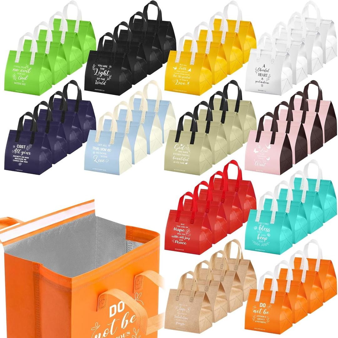 Didaey 48 Pcs Christian Gift Bags Bulk Insulated Bible Verse Tote Bag with Handles, Reusable Mother's Day Religious Gift Bags for Church Events, Faith Gatherings, Communion, Christian Party Favors