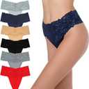 GAREDOB High Waisted Thong Underwear Tummy Control Plus Size Panties Cotton Lace Multicolor-Dark Size 4XL Pack-6