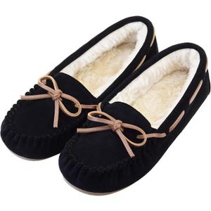 Vonair Women's Moccasin Slippers Micro Suede Warm Faux Fur Pile Lined Lace-Up Cozy Bow Indoor & Outdoor Moccasins Slip On Loafers Shoes for Women (8, Black)