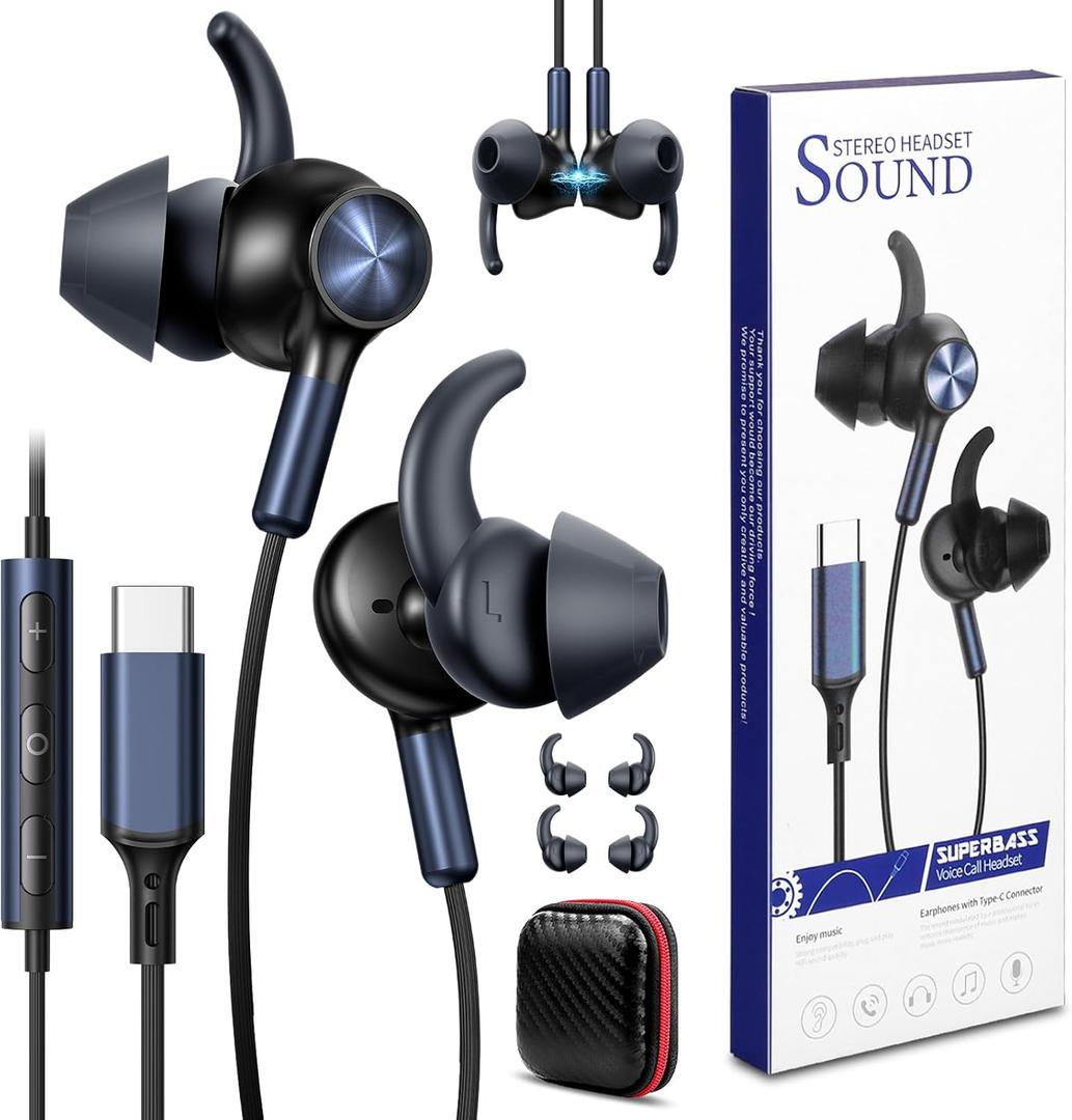 USB C Earbuds Wired Headphones with Secure Wingtip,4.9FT Noise Canceling USB Type C Earphone,In Ear Buds Head Phones for iPhone 17 Pro Max Air 16e 16 15,HiFi Stereo Headset for iPad A16 Galaxy S25 A17