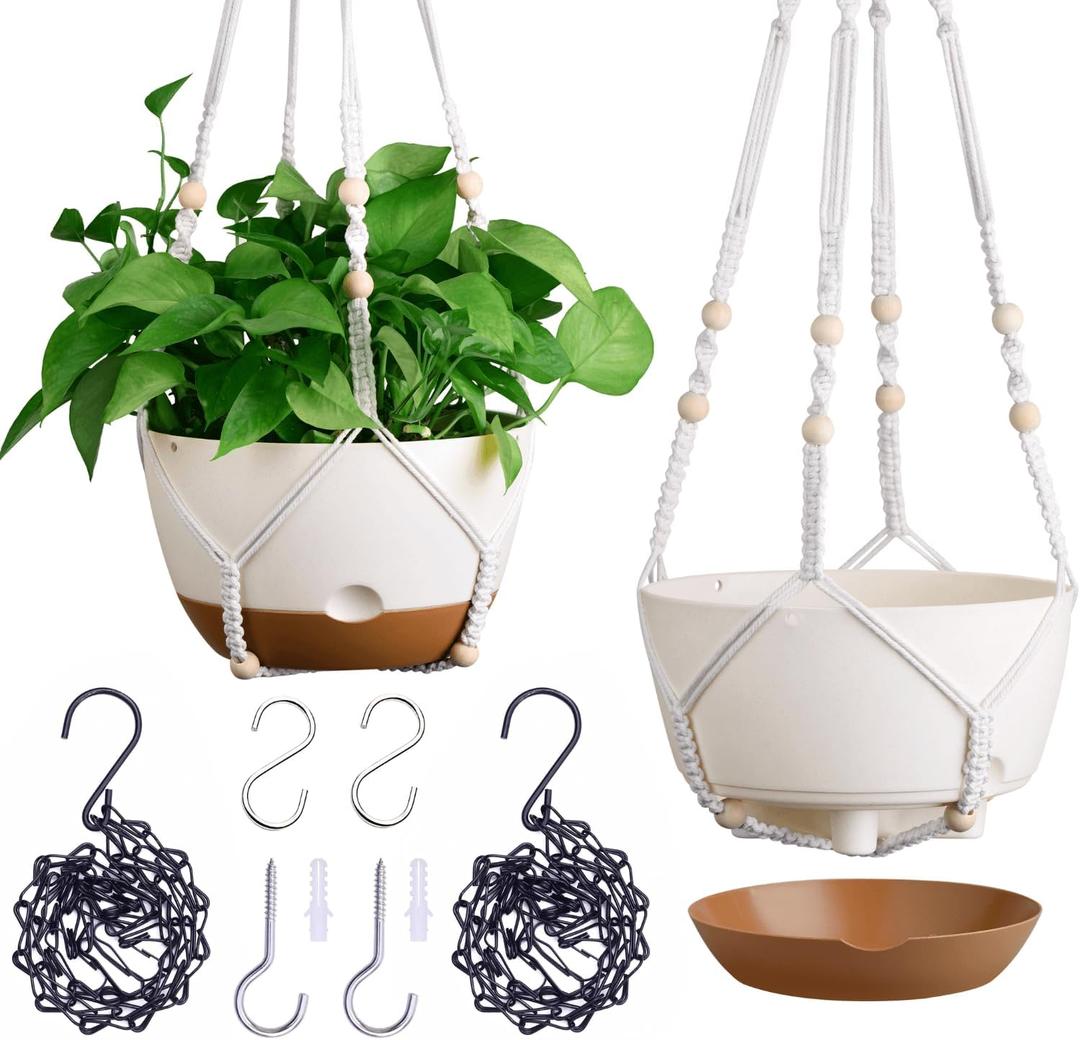 montresor Set of 2-8 Inch Hanging Planters for Indoor Plants with Self-Watering Includes Hanging Pots for Plants, Outdoor Plant Pot with Drainage, and 2 Types of Hanging Baskets Hangers (White)