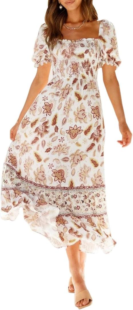 ZESICA Women's 2026 Summer Boho Floral Print Dress Square Neck Ruffle Swing Beach Vacation Long Maxi Dresses (Large, Ivory)