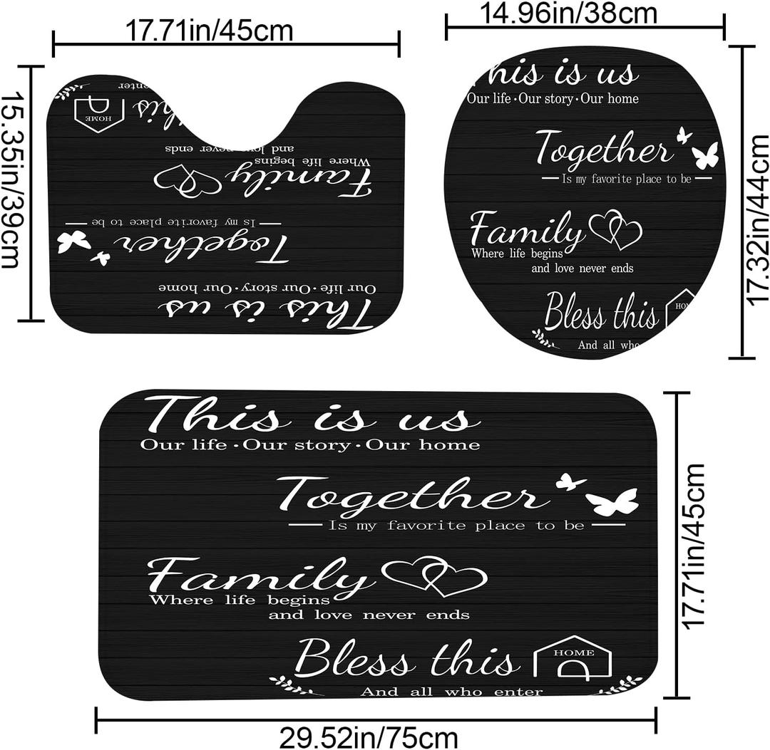 juwute 3Pcs Family  Sets with Non-Slip Rugs, Toilet Lid Cover and Bath Mat, Black Home Bathroom Decor Set Accessories