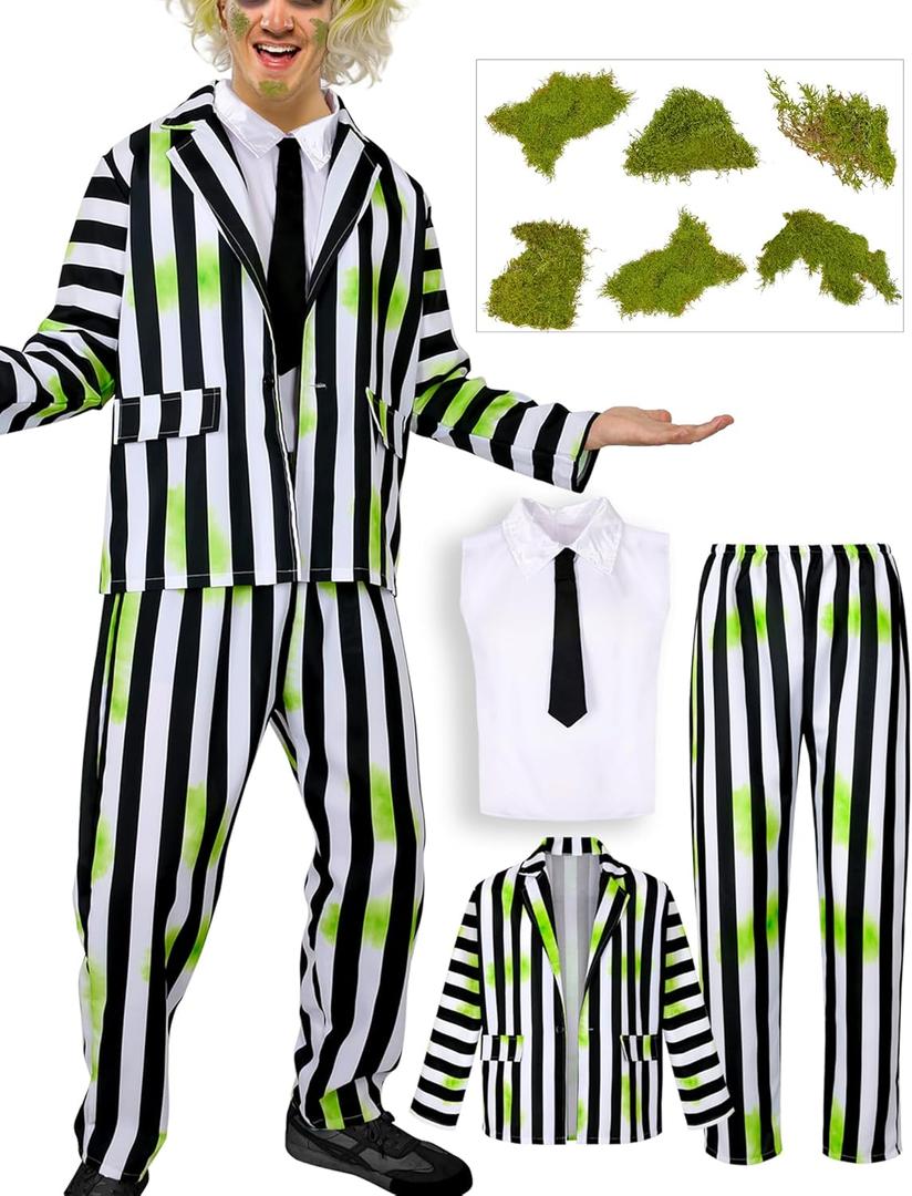 Halloween Black and White Striped Blazer Suit for Men Tie Shirt Green Face Sticker Outfit Costume (L)