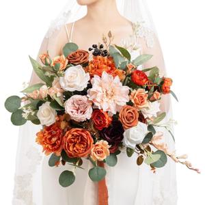 Ling's Moment Terracotta Wedding Bouquets for Bride, Burnt Orange Bridal Bouquets for Bride, 15 Inch Free Form Artificial Wedding Flower Bouquet