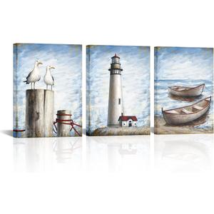 LoveHouse Coastal Lighthouse Canvas Wall Art Nautical Boat Wall Decor Beach Pictures Seagull Seascape Print Painting Farmhouse Artwork