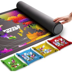Puzzle Ready Jigsaw Puzzle Mat Roll-Up - 46 x 29.5 for 1500 Pieces - Portable Puzzle Board with 4 Sorting Trays, Storage Bag, Foam Roller, 3 Hook & Loop Fastener Straps (Puzzle Mat 1500 pcs)
