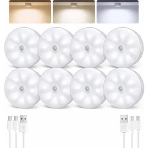 EZVALO 8 Pack Motion Sensor Closet Lights, 1200mAh Rechargeable Under Cabinet Lights, Night Lights, Puck Lights, Dimmable, 3 Color Temps, Magnetic, Stick-On for Kitchen, Stairs, Closet