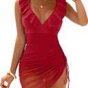 ANRABESS Women One Piece Swimsuits Tummy Control Ruffled Bathing Suit V Neck Mesh Sheer Swim Dress Beach Vacation Swimwear (Red, L)